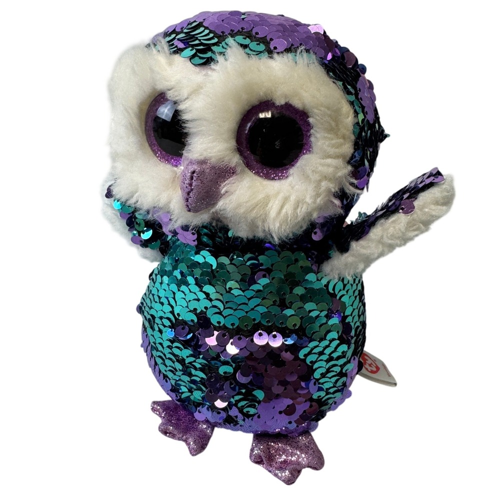 Ty Beanie Boo Moonlight Owl Flippable Sequin Purple Teal Plush 2018 6 inch